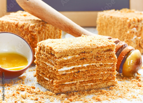Slice of layered honey cake