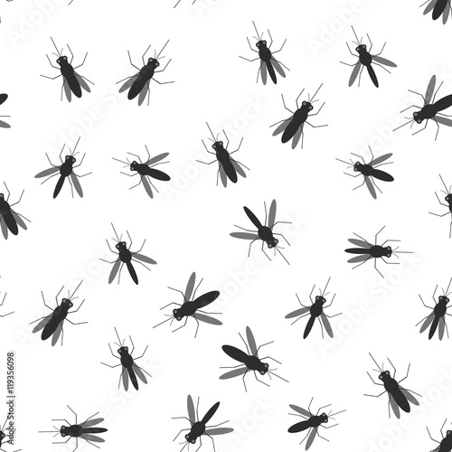seamless pattern black silhouettes of mosquitoes on white background. Vector