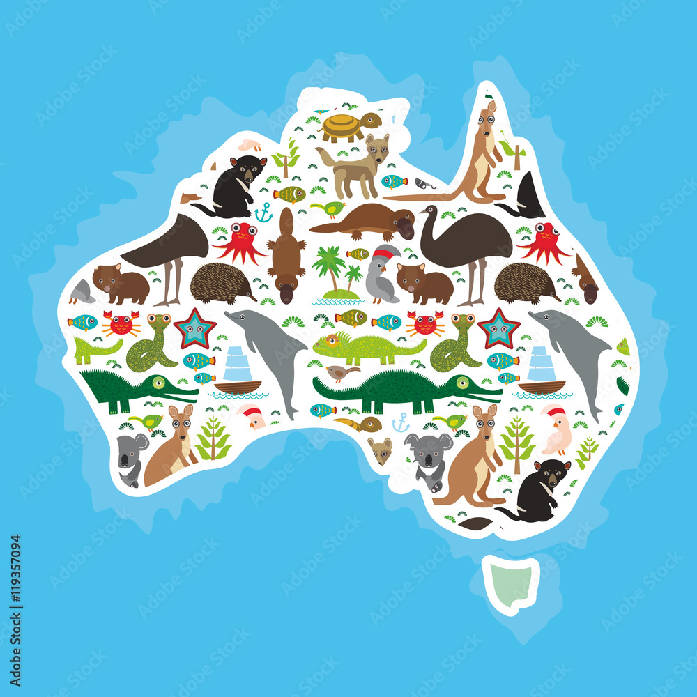 map of Australia. Echidna Platypus ostrich Emu Tasmanian devil Cockatoo parrot Wombat snake turtle crocodile kangaroo dingo octopus fish. Vector map of Australia. Echidna Platypus ostrich Emu Tasmanian devil Cockatoo parrot Wombat snake turtle crocodile kangaroo dingo octopus fish. Vector