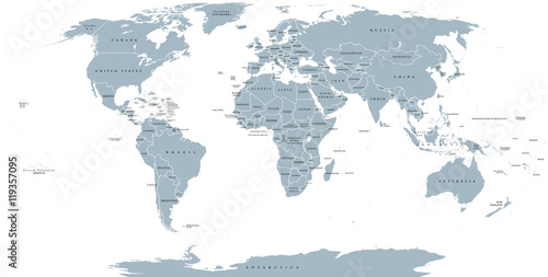 World political map. Detailed map of the world with shorelines, national borders and country names. Robinson projection, english labeling, grey illustration on white background.