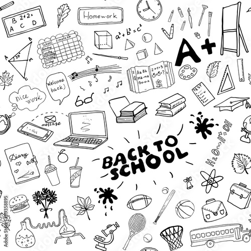 School seamless pattern HandDrawn Doodles, Vector Illustration