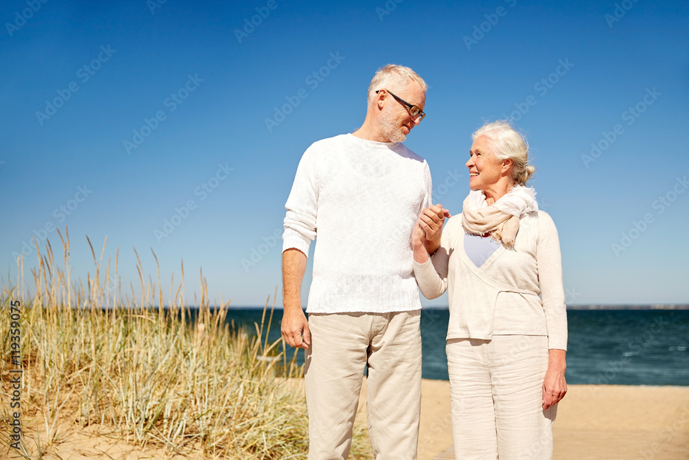 happy senior couple talking on summer beach