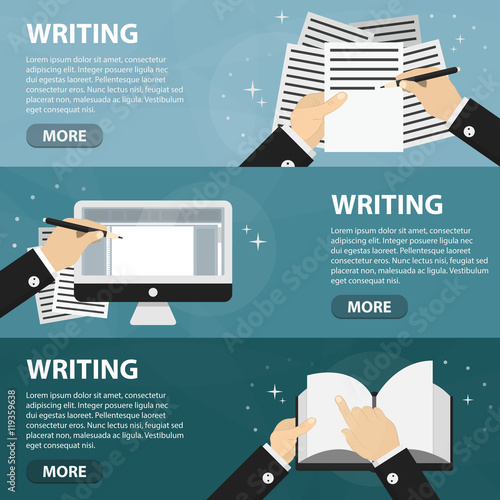 Vector flat horizontal banners of writing for website. Business concept of writer profession and copywriting freelance work. Set of hands with document and paper.