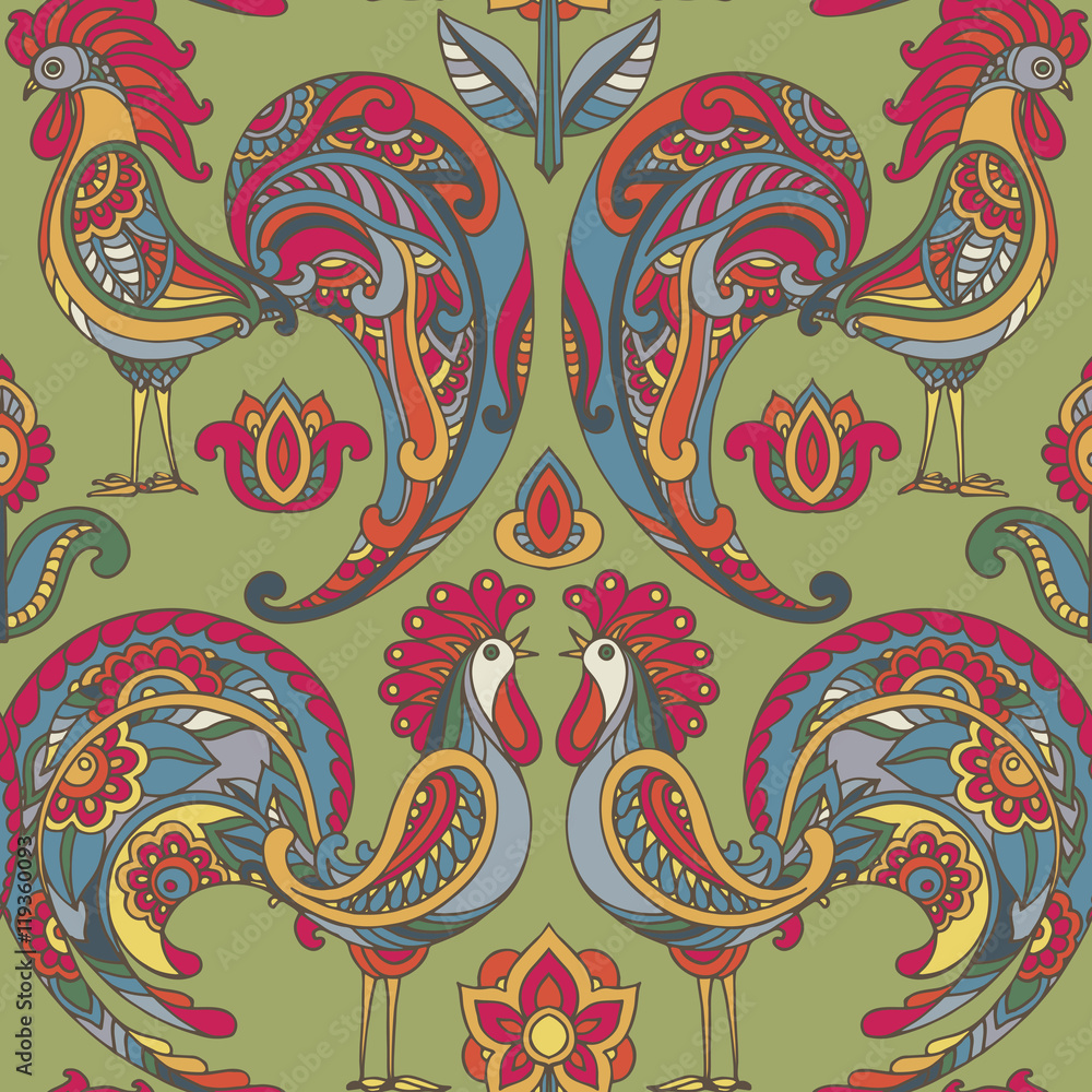 Obraz premium Vector seamless pattern with roosters and flowers.
