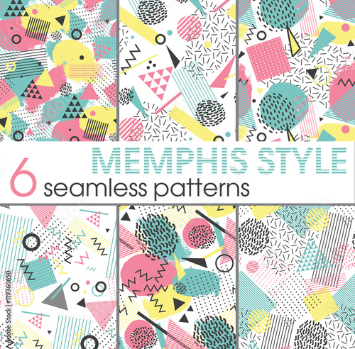 Set of six seamless patterns in memphis style