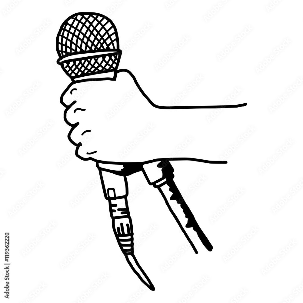 vector hand drawn of rough sketch hand holding retro microphone isolated on white 