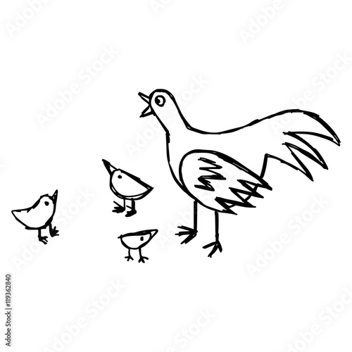 illustration vector hand drawn sketch of hen and its baby isolated