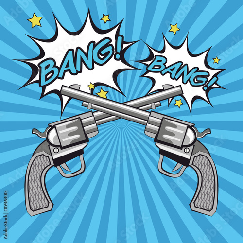 gun revolver bang bubble cowboy pop art comic cartoon icon. Colorful design striped background. Vector illustration