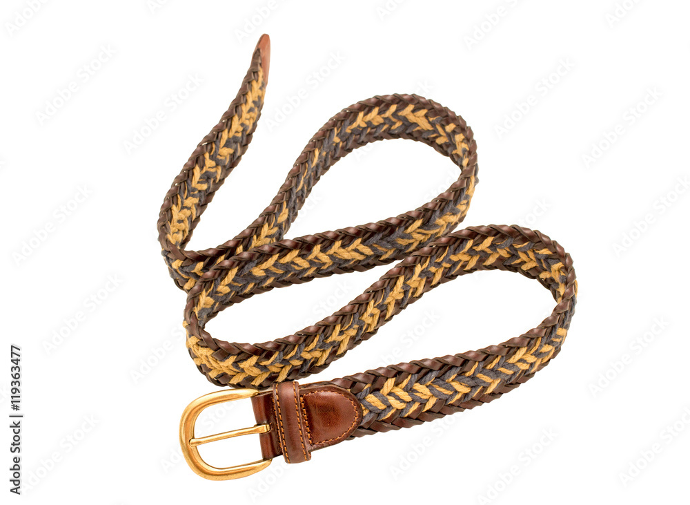 Leather braided belt for men on white background