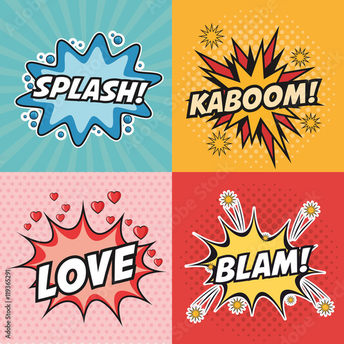 kaboom love splash blam explosion cartoon pop art comic retro communication icon. Colorful design. Vector illustration