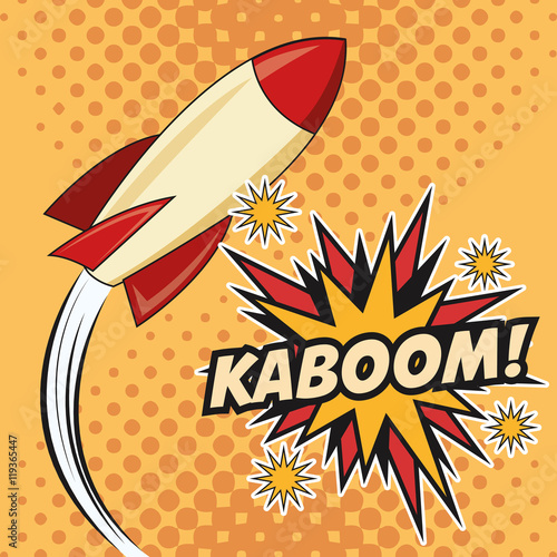rocket spaceship kaboom boom explosion cartoon pop art comic retro communication icon. Colorful pointed design. Vector illustration
