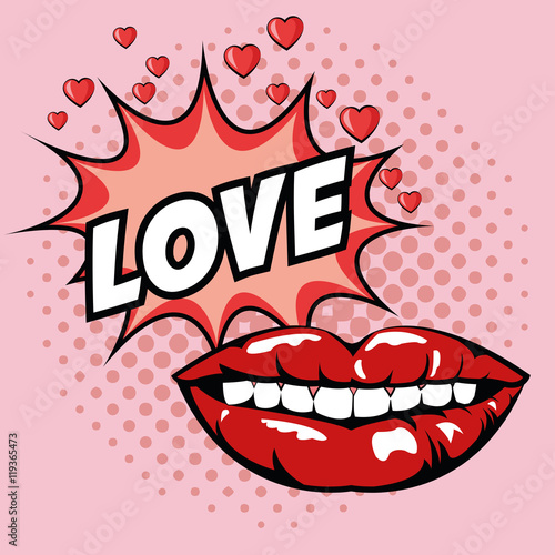 love mouth lips hearts explosion cartoon pop art comic retro communication icon. Colorful pointed design. Vector illustration