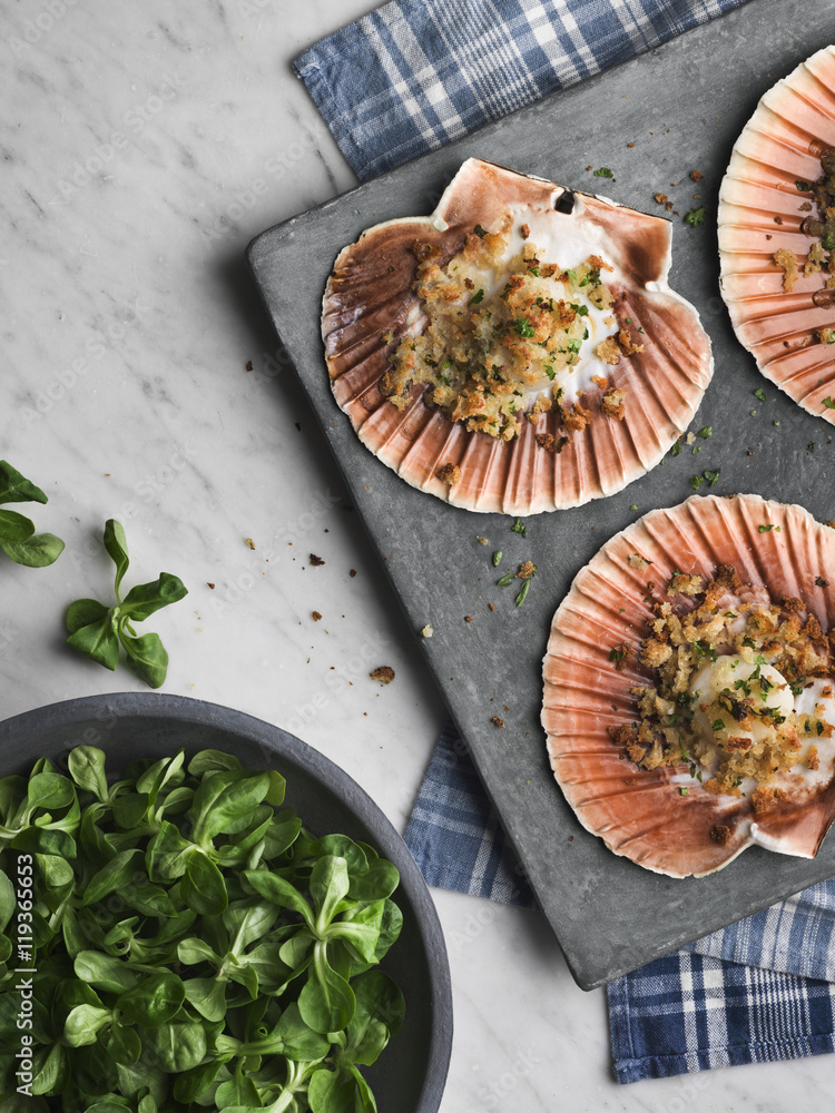 Scallop SaintJacques, high angle view Stock Photo Adobe Stock