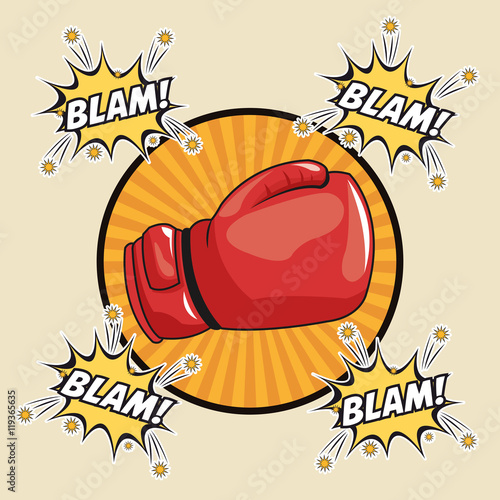 blam explosion glove boxing cartoon pop art comic retro communication icon. Colorful striped circle design. Vector illustration