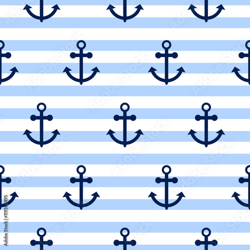 Seamless vector pattern with nautical anchors. Sea theme anchor blue horizontal stripe repeat background.
