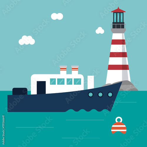 boat cloud lighthouse ship sea ocen transportation icon. Colorful and flat design. Blue background. Vector illustration