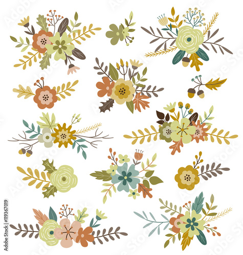 Hand drawn isolated fall floral vector bouquets. Beautiful designs for invitations, wedding or greeting cards