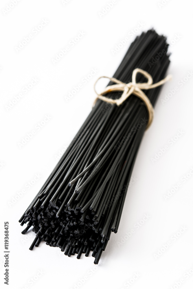 Black spaghetti with prawns isolated on white background
Black spaghetti with prawns isolated on white background