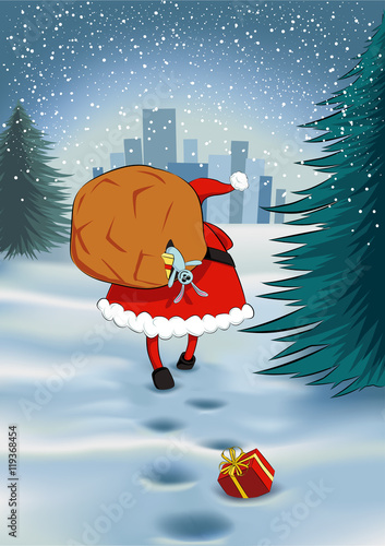 Santa Claus walking towards a town with a big sack on his back, losing some gifts.