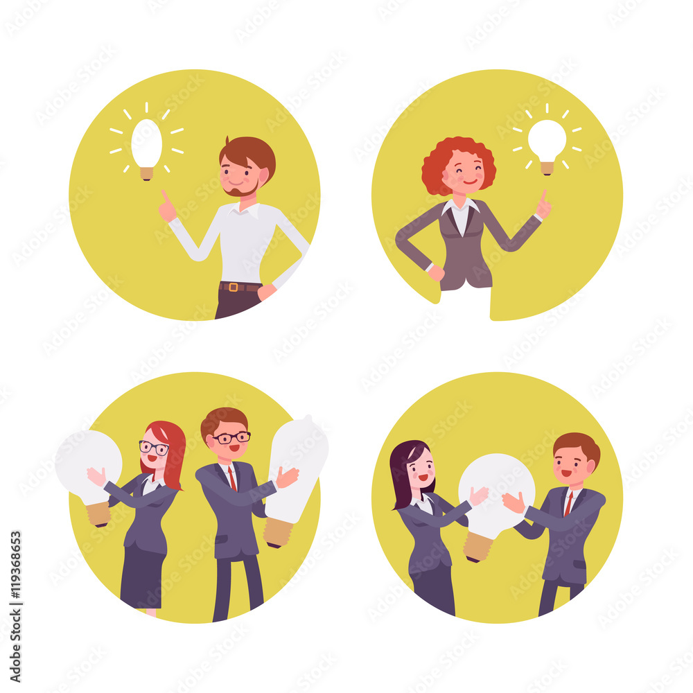 Set of four scenes. Women and men are holding, pointing to the lamps. Cartoon vector flat-style concept illustration
