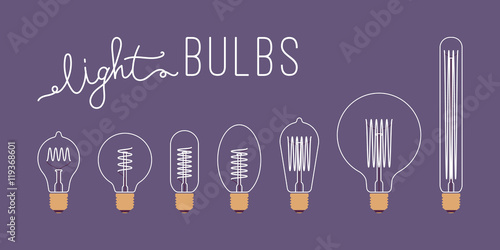 Set of seven retro unlit light bulbs against purple background with a title. Cartoon vector flat-style illustration