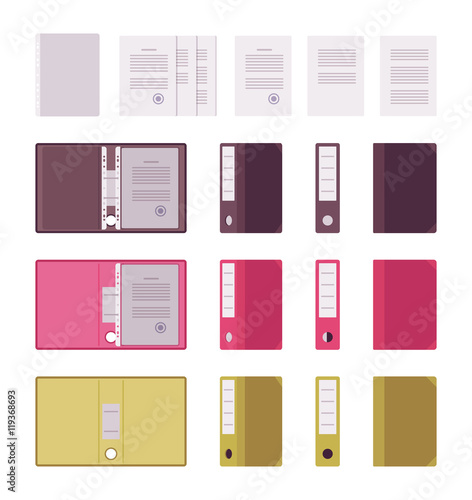 Set of open and closed paper file folders isolated against white background in different positions. Cartoon vector flat-style illustration