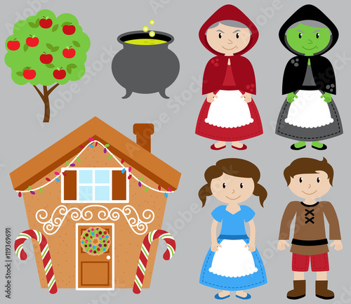 Obraz na plátně Hansel and Gretel Vector Collection with Witch and Gingerbread House