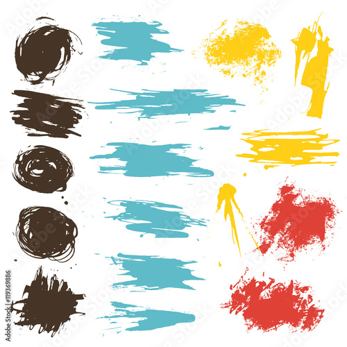 Ink blots, stains, paint splashes. Flat for instant color change, vector design elements for grungy, worn creations.