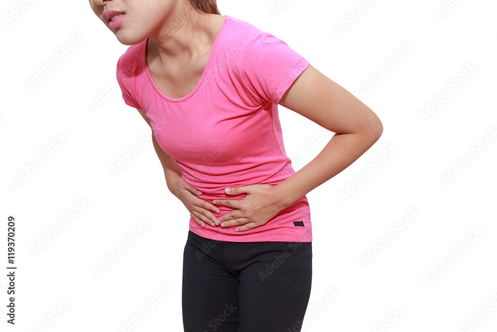 Asian woman touching her own belly with stomachache Asian woman touching her own belly with stomachache