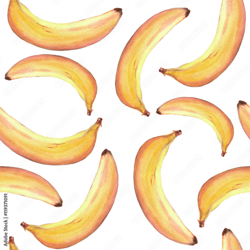 Hand drawn seamless pattern with ripe yellow bananas on the white background