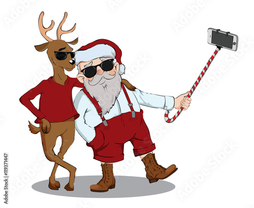 Santa Claus and deer make photo