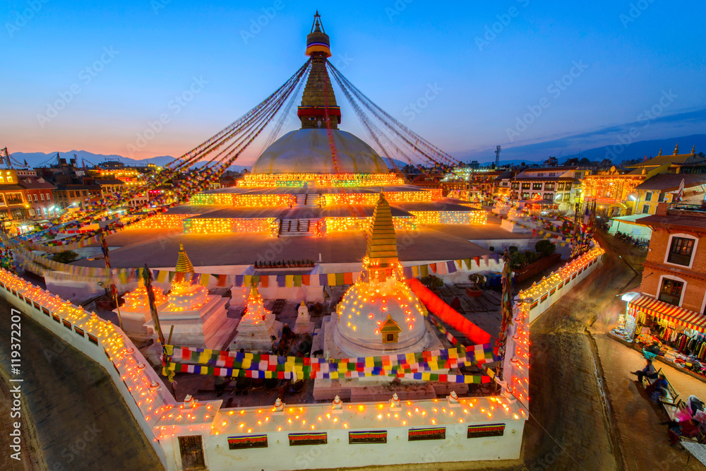 Beautiful of boudhanath stupa in twilight time at Kathmandu Nepal - obrazy, fototapety, plakaty 