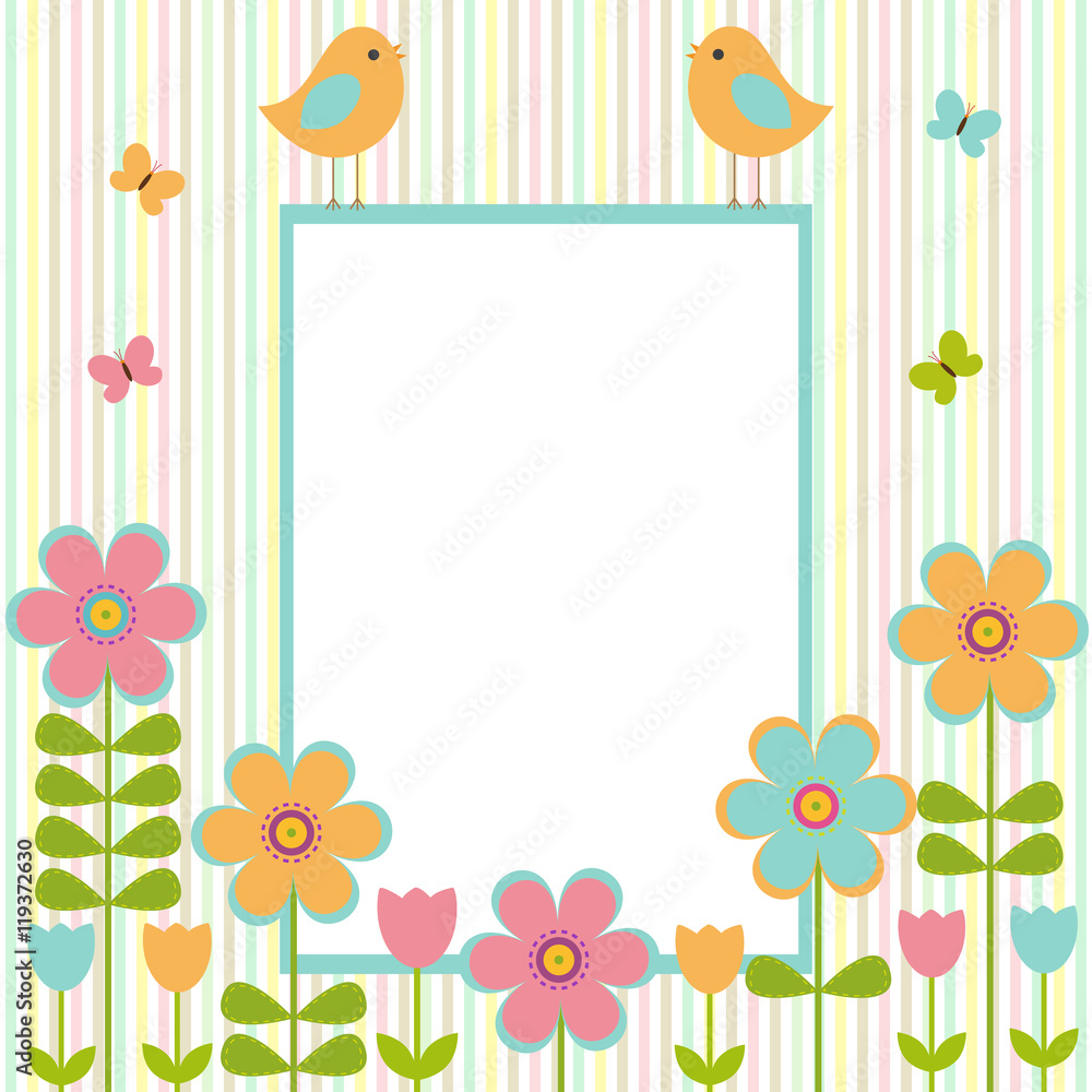 Vector postcard frame on the spring-summer theme. Birds sitting among bright flowers and butterflies. There's space for photo or text. Vector postcard frame on the spring-summer theme. Birds sitting among bright flowers and butterflies. There's space for photo or text.