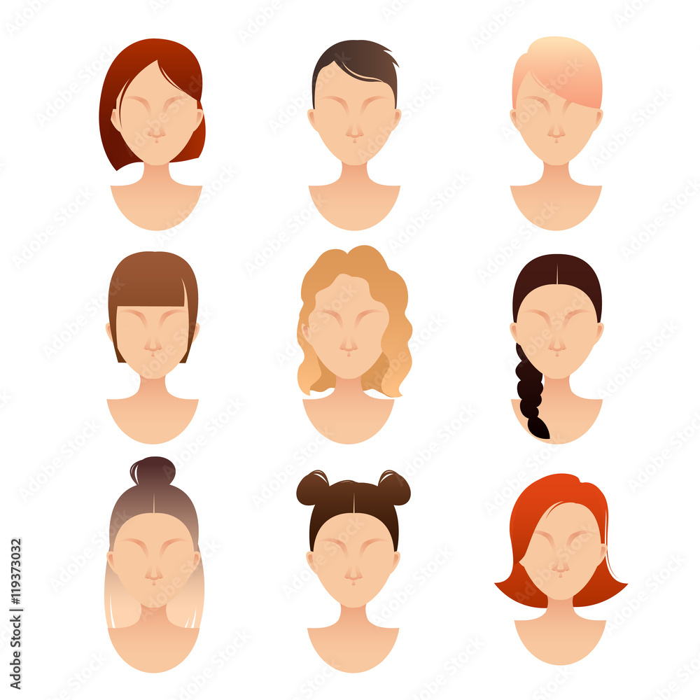 set of women faces with different hairstyles set of women faces with different hairstyles