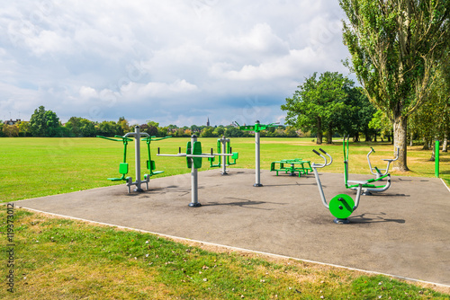 Canvas Print Outdoor fitness equipment in public park.