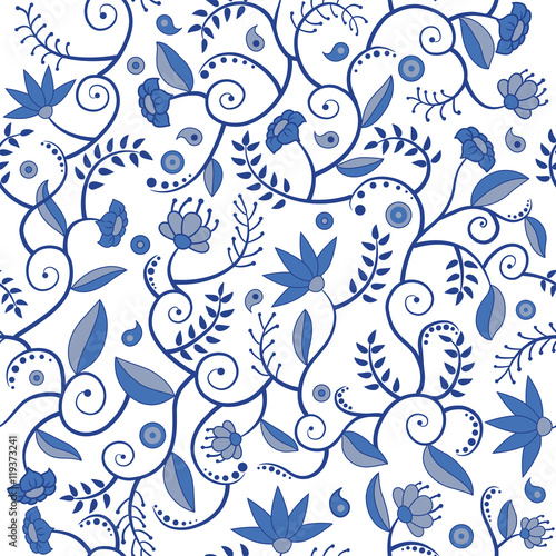 Seamless pattern with blue flowers, leaves, curles and other elements © AnMyArt