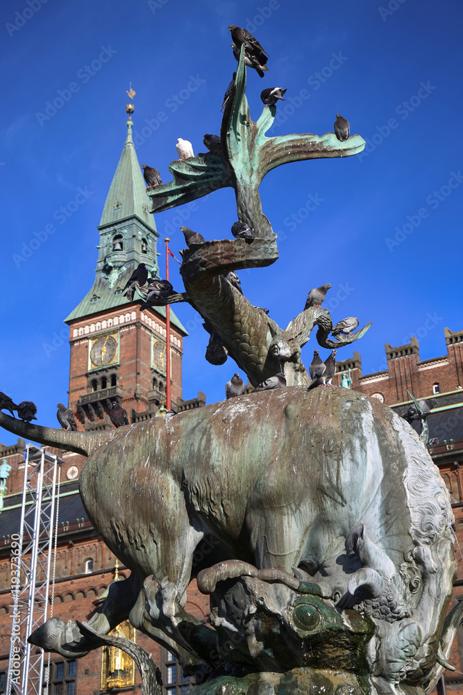 Dragon fountain and Radhus, Copenhagen city hall in Copenhagen