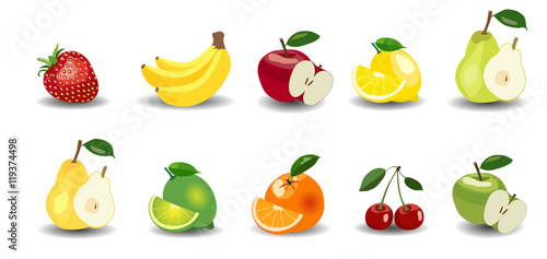 Fresh Apples, bananas, pears, oranges, lemon, lime, strawberry and cherry