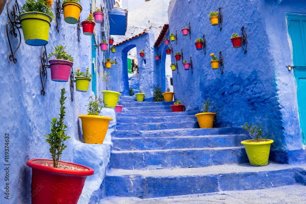 Fototapeta premium Maroko, Chefchaouen lub Chaouen jest najbardziej znany ze swoich wąskich uliczek i dzielnic pomalowanych w różnorodne żywe niebieskie kolory. Sadzenia w kolorowych doniczkach tworzą wąskie korytarze.