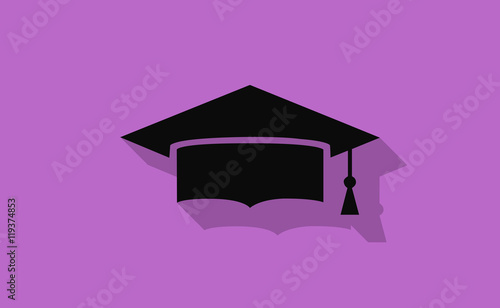 Vector black graduate cap with long shadow on flat background