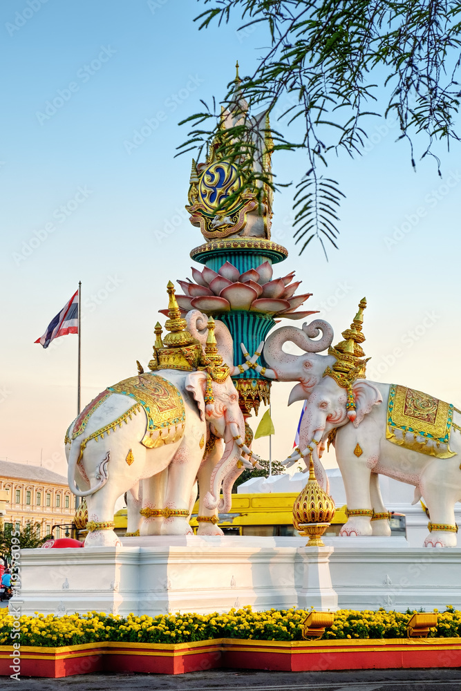 The statues of Three Elephants are a symbol of King and located near Grand Palace, Emerald Buddha Temple, Wat Phra Kaew in Bangkok, Thailand