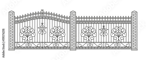 Forged gates and fences set.  Linear design. Vector outline illustration isolated on white.