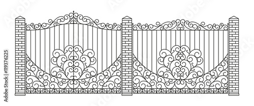 Forged gates and fences set.  Linear design. Vector outline illustration isolated on white.