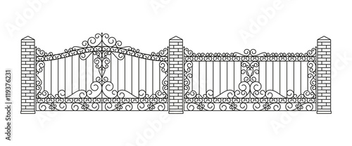 Forged gates and fences set.  Linear design. Vector outline illustration isolated on white.