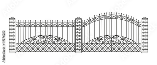 Forged gates and fences set.  Linear design. Vector outline illustration isolated on white.