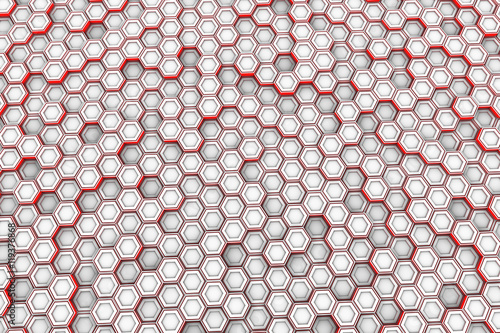 Abstract background made of white hexagons with red glowing sides  wall of hexagons  3d render illustration