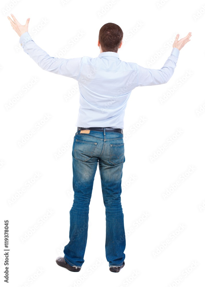A man in a jacket raised his hands in prayer. businessman in white shirt raising his hands angrily. A man in a jacket raised his hands in prayer. businessman in white shirt raising his hands angrily.