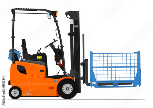 Orange propane counterbalance forklift on a white background. Flat vector