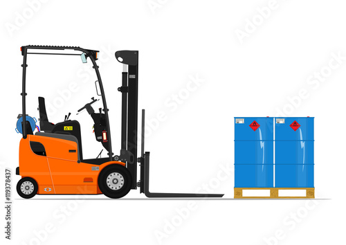 Orange propane counterbalance forklift on a white background. Flat vector