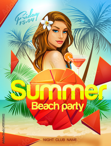 Summer beach party flyer design with sexy girl